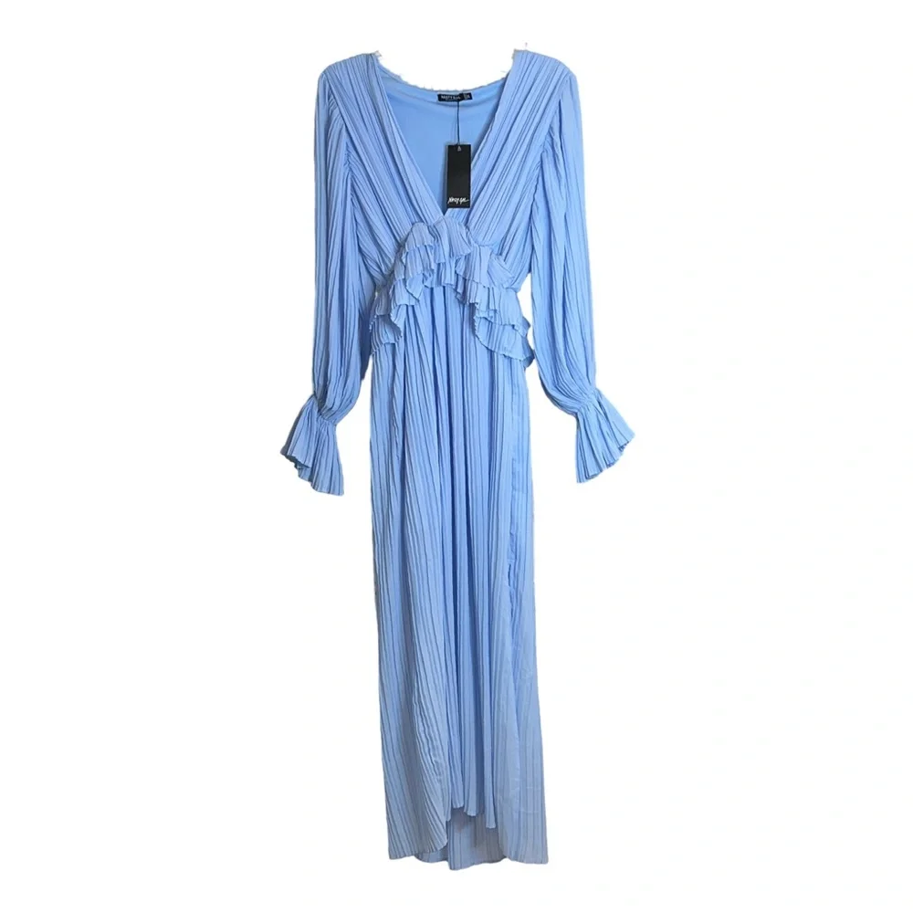 Nasty Gal Collection Frill in Love V Neck Maxi Dress Cornflower Blue 4 New - Picture 1 of 12